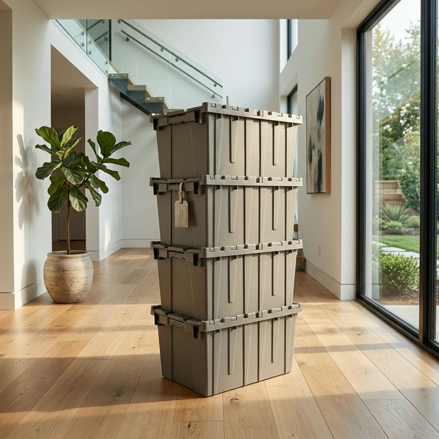 Stack of clean grey moving totes in a modern home